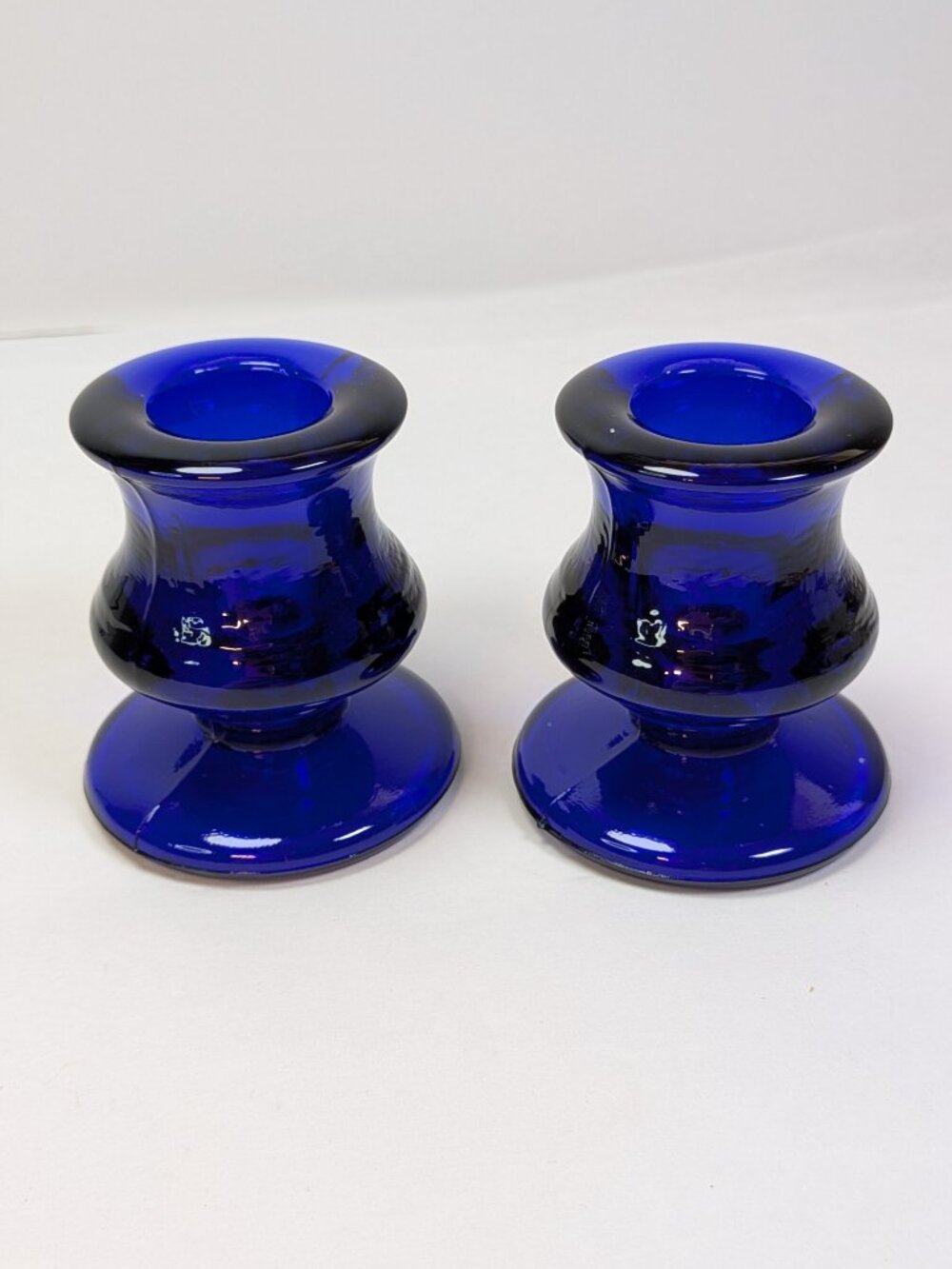 VTG 60s Cobalt Blue Glass Candlestick Holders Pedestal Mid Century Heavy Mini